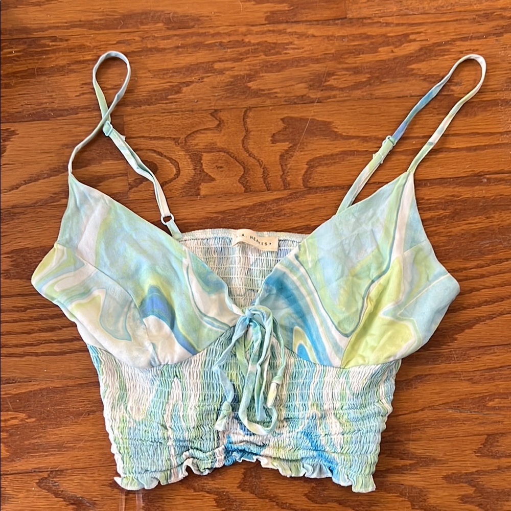 La Hearts Blue and Yellow Smocked Tie Front Camisole